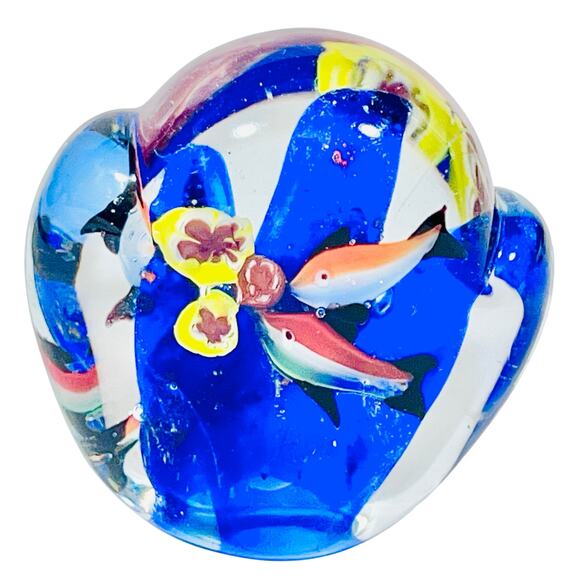 Murano Art Glass Fish Aquarium Bubble Hand Blown Paperweight Blue Clear 3"x3" - Picture 2 of 8